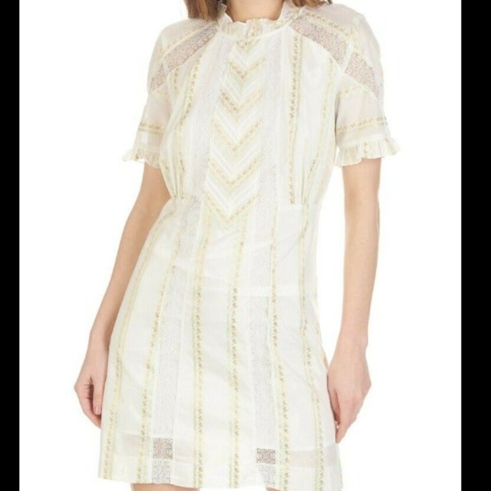 Sandro Mary Floral Embroidered Lace-inset Mini Dress In Ecru